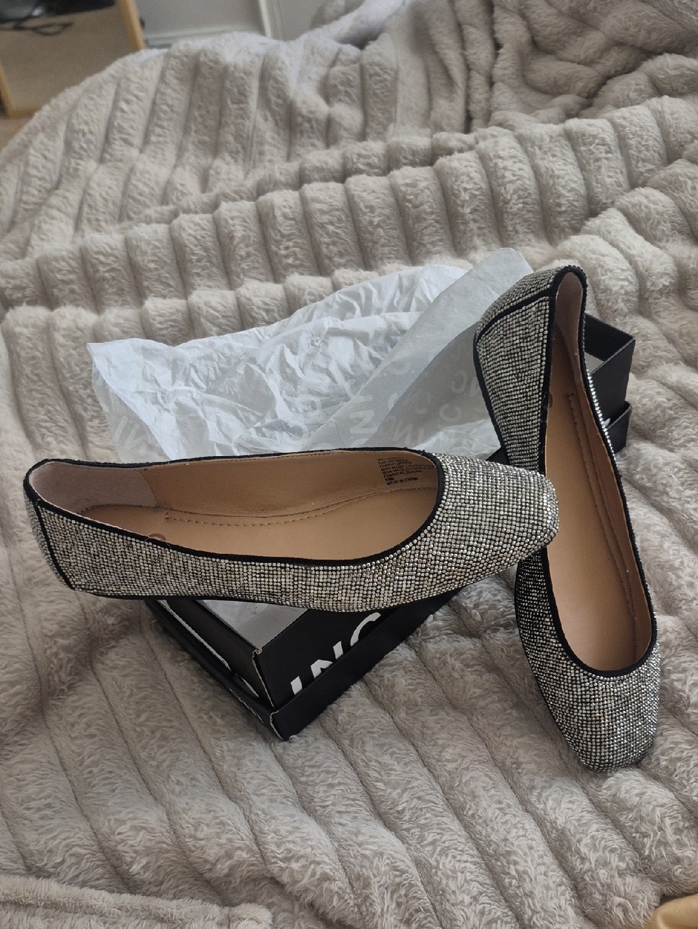 INC International Concepts Sparkle Tweed Ballet Flats in Silver and Black